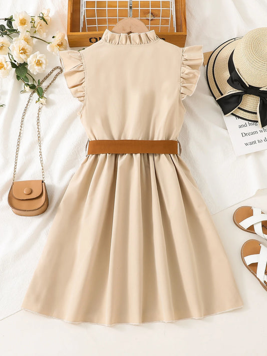 Vestido Albaricoque Para Niña Con Cinturón Marrón