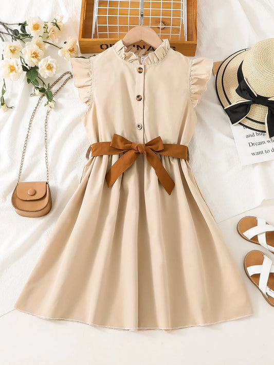 Vestido Albaricoque Para Niña Con Cinturón Marrón