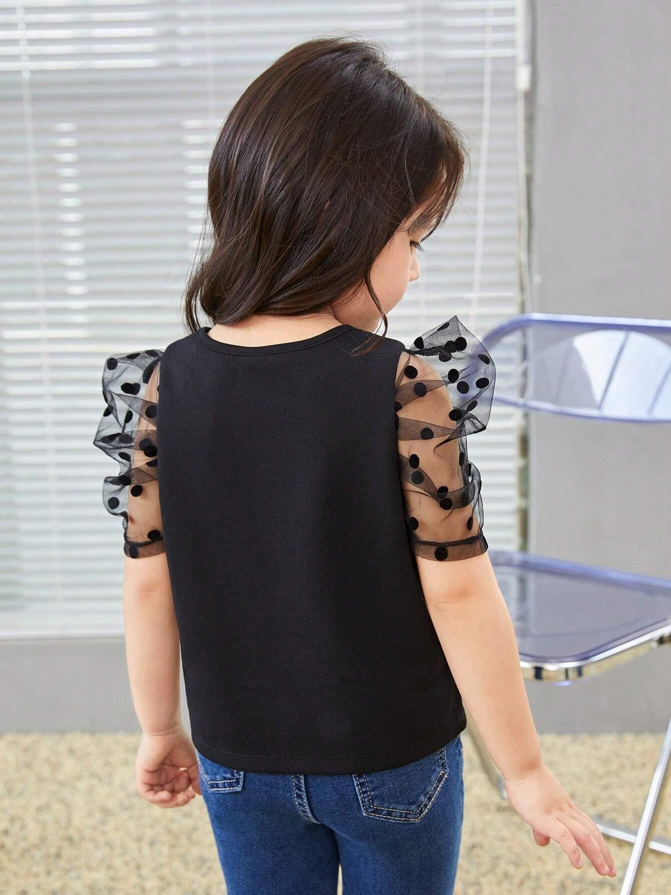 Blusa Negra Manga Transparente con Lunares Para Niña