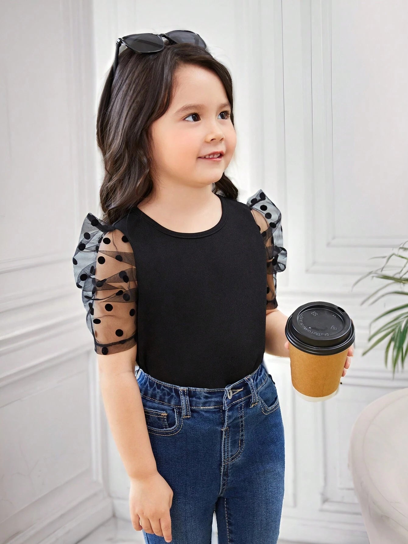 Blusa Negra Manga Transparente con Lunares Para Niña
