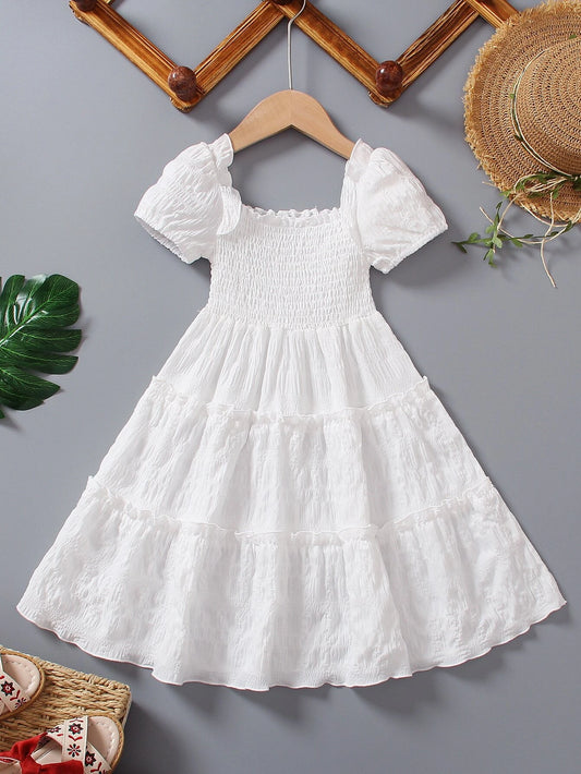 Vestido Blanco Midi Con Manga Farol Para Niña