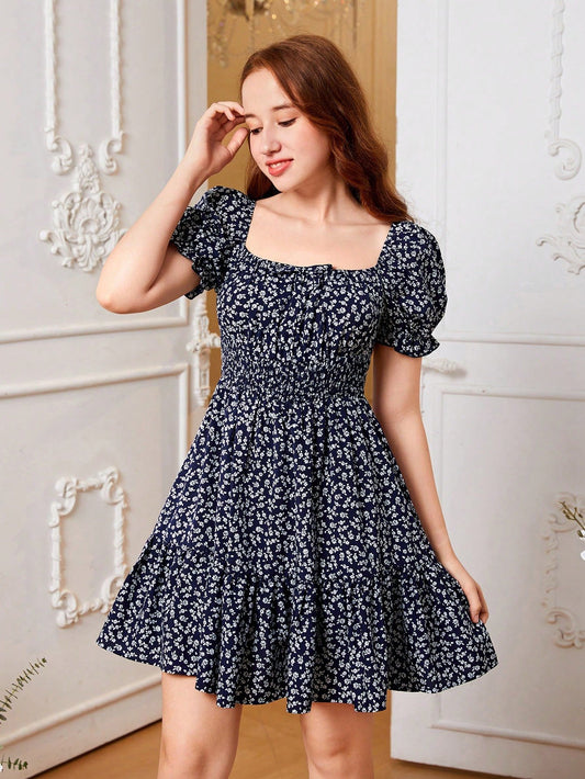 Vestido Floral Azul Marino Para Niña Con Escote Cuadrado Y Manga Farol