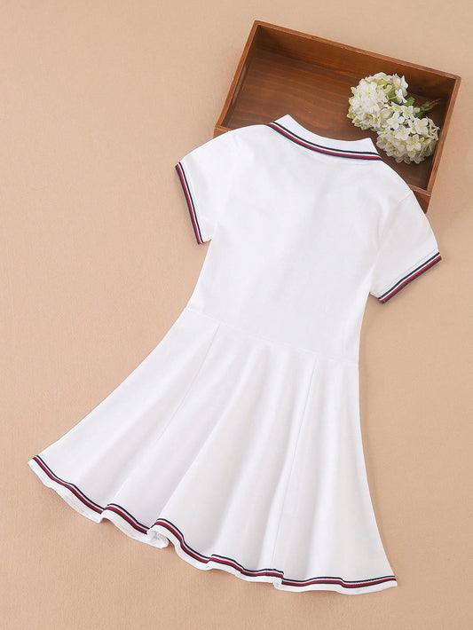 Vestido Tipo Polo Blanco Con Bordado Para Niña
