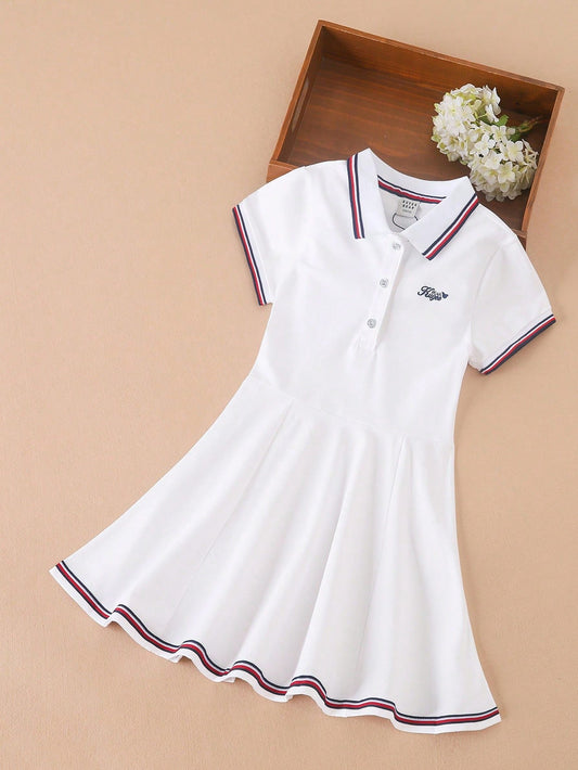 Vestido Tipo Polo Blanco Con Bordado Para Niña