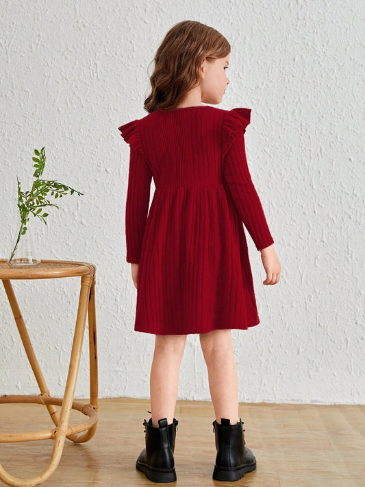 Vestido Rojo Elegante Para Niña Con Volantes Y Manga Larga