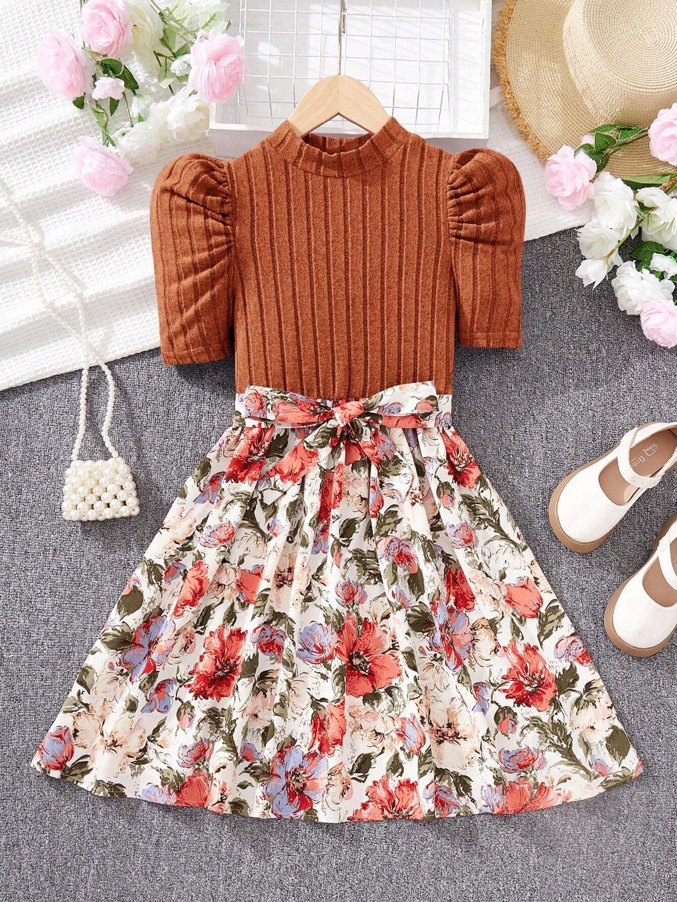 Imagen en plano: Vestido elegante floral óxido marrón para niña con diseño clásico y detalles bordados, ideal para eventos especiales.