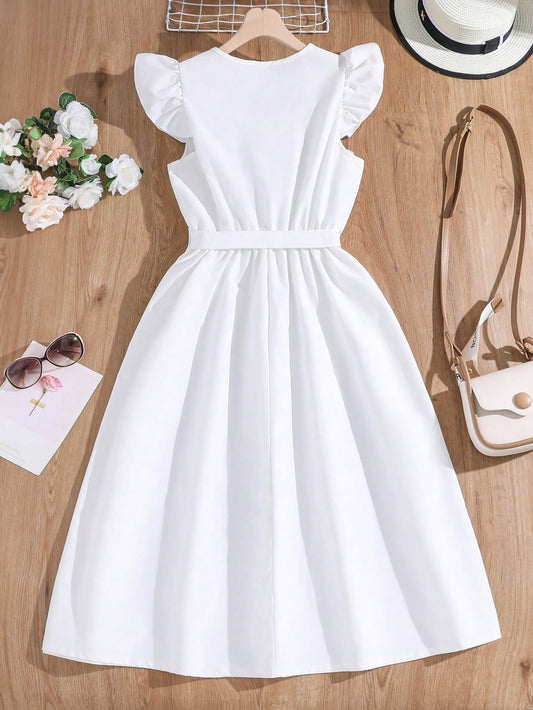 Vestido Blanco Para Niña A Línea Con Volantes Y Botones Delanteros