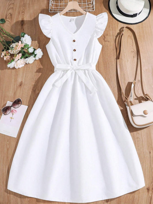 Vestido Blanco Para Niña A Línea Con Volantes Y Botones Delanteros