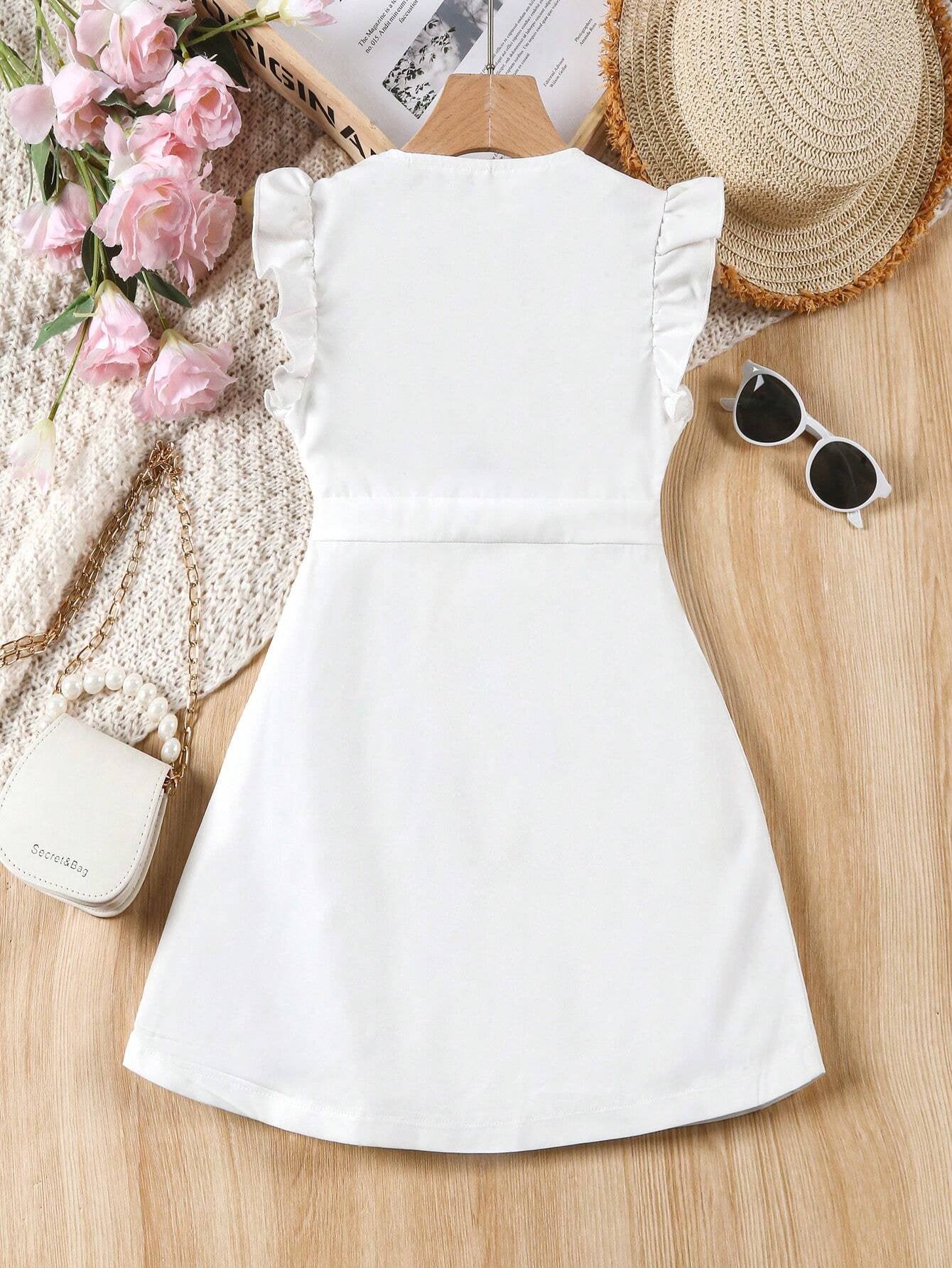 Vista trasera del vestido blanco para niñas con mangas de volantes y corte en "A".