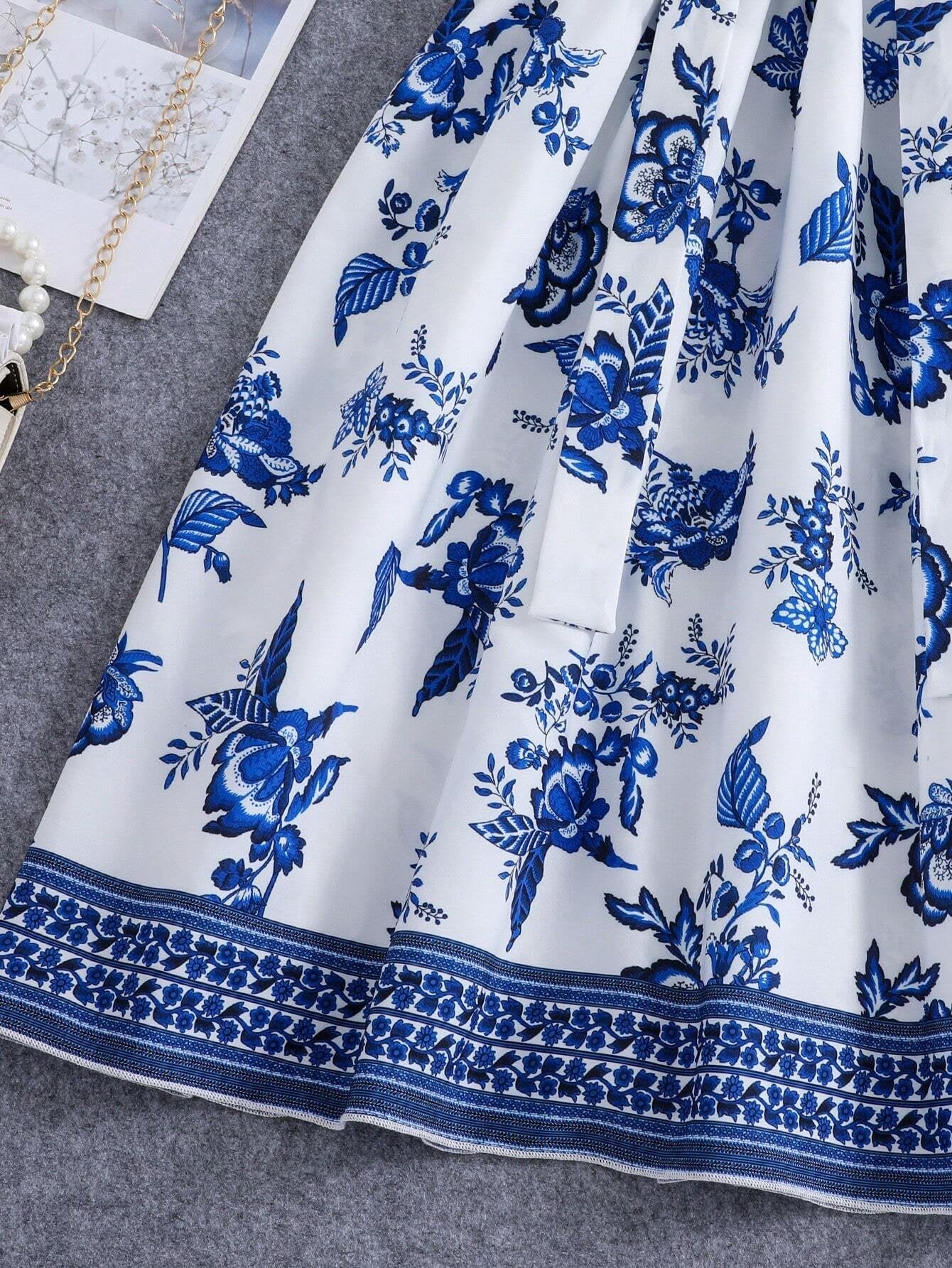 Vestido Blanco Con Estampado Azul Para Niña