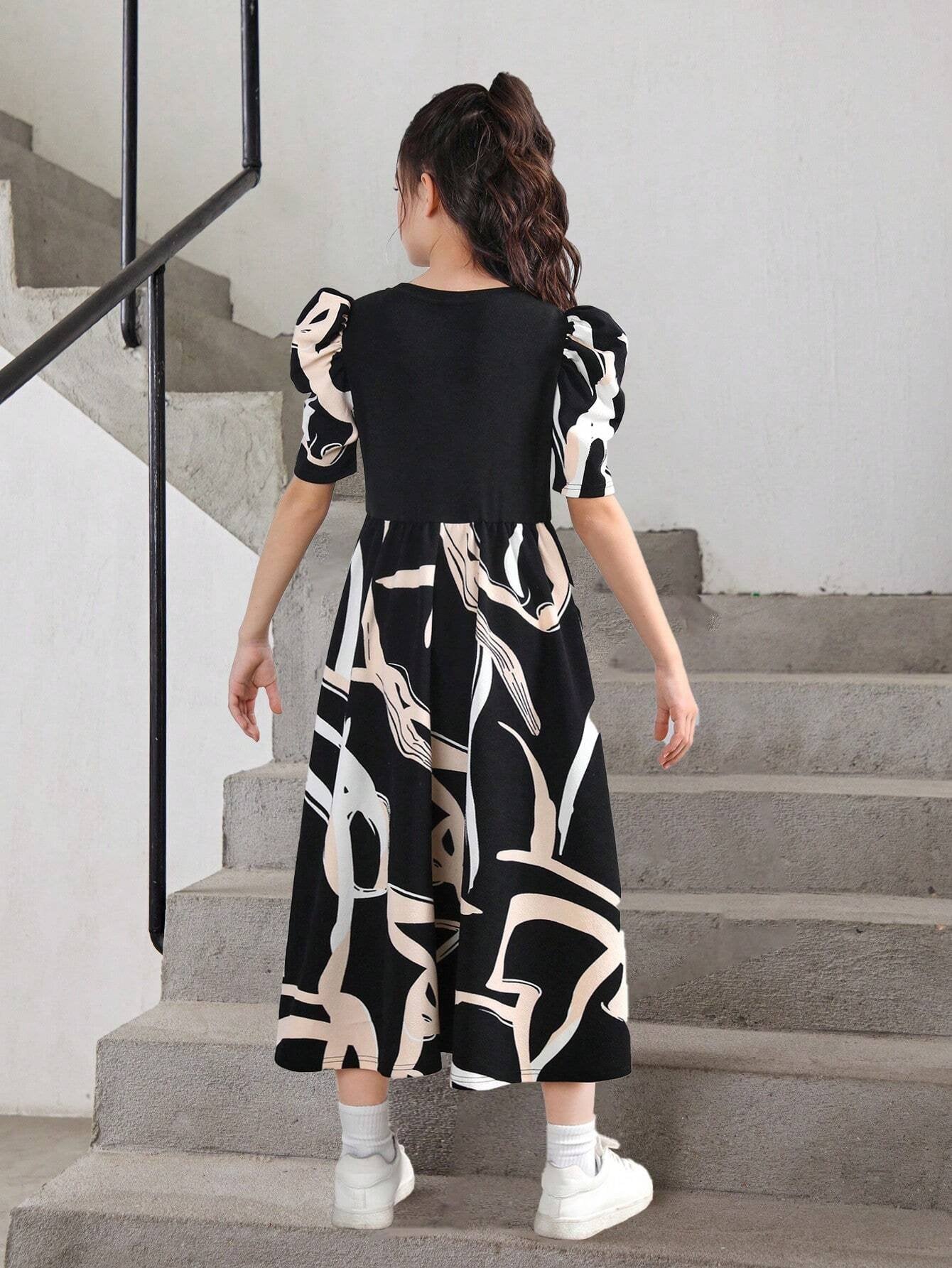 Vestido Negro Geométrico Con Mangas Farol Para Niña