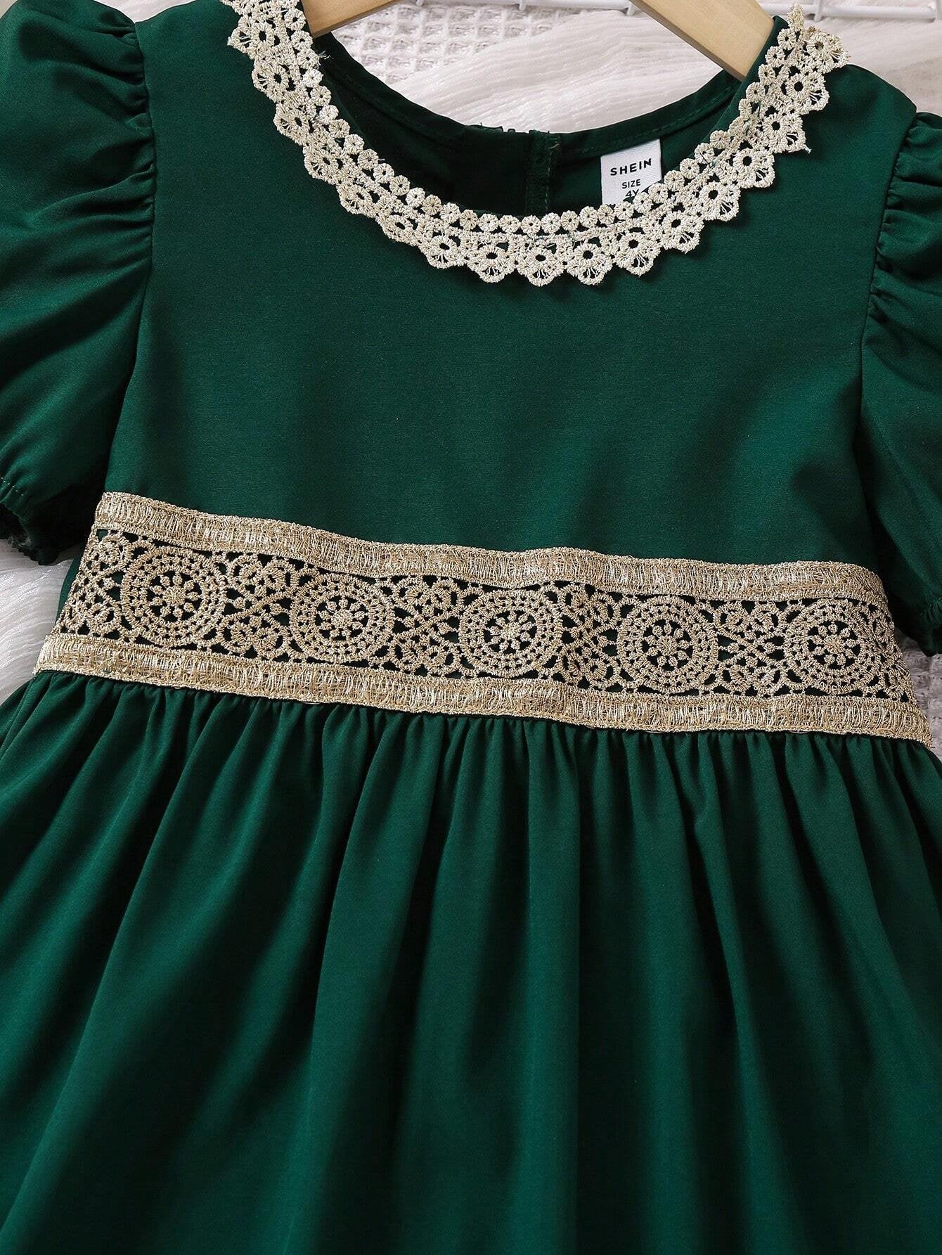 Vestido Verde Con Encaje Dorado Para Niña Elegante