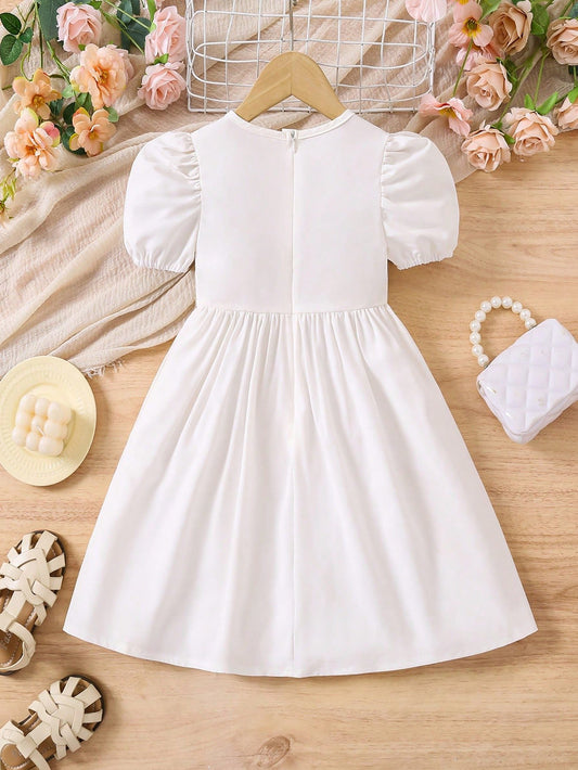 Vestido Blanco Con Manga Farol Y Encaje Dorado Para Niña