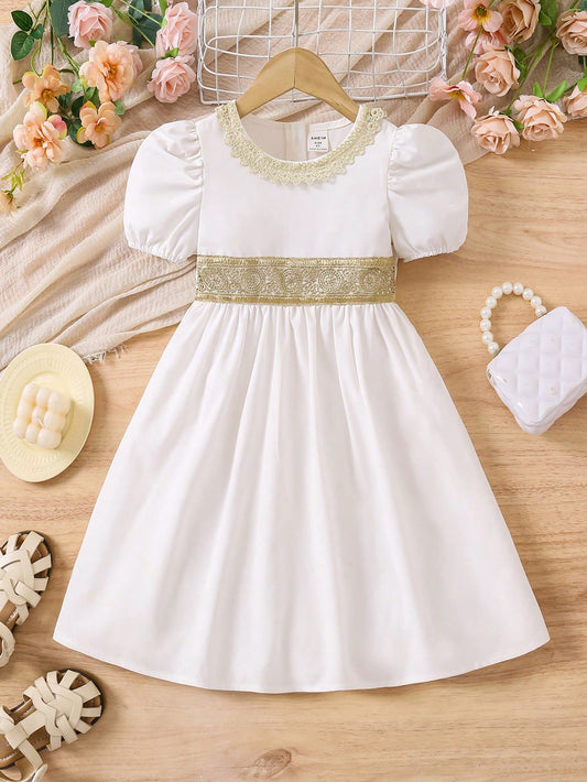 Vestido Blanco Con Manga Farol Y Encaje Dorado Para Niña