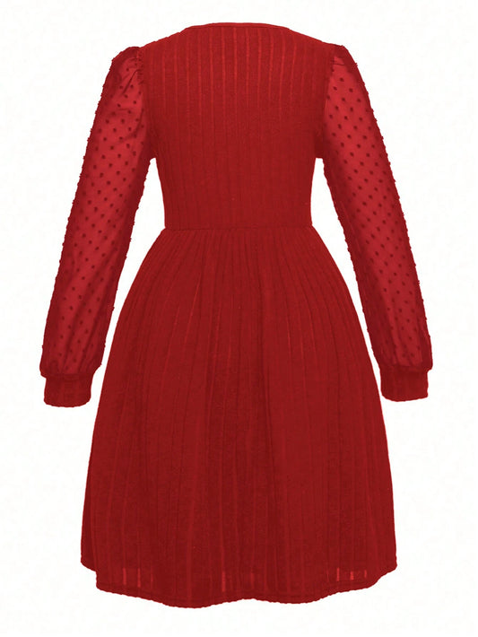 Vestido Rojo Con Manga Larga De Tul Para Niña