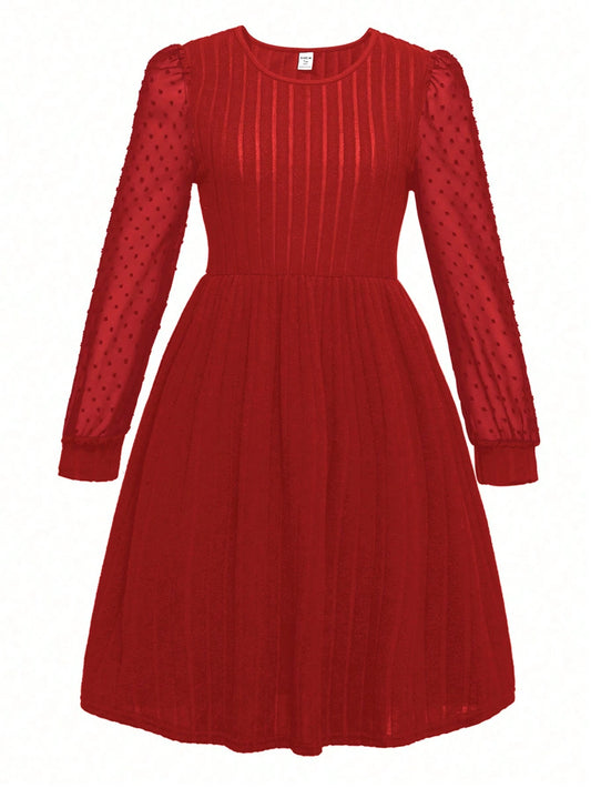 Vestido Rojo Con Manga Larga De Tul Para Niña