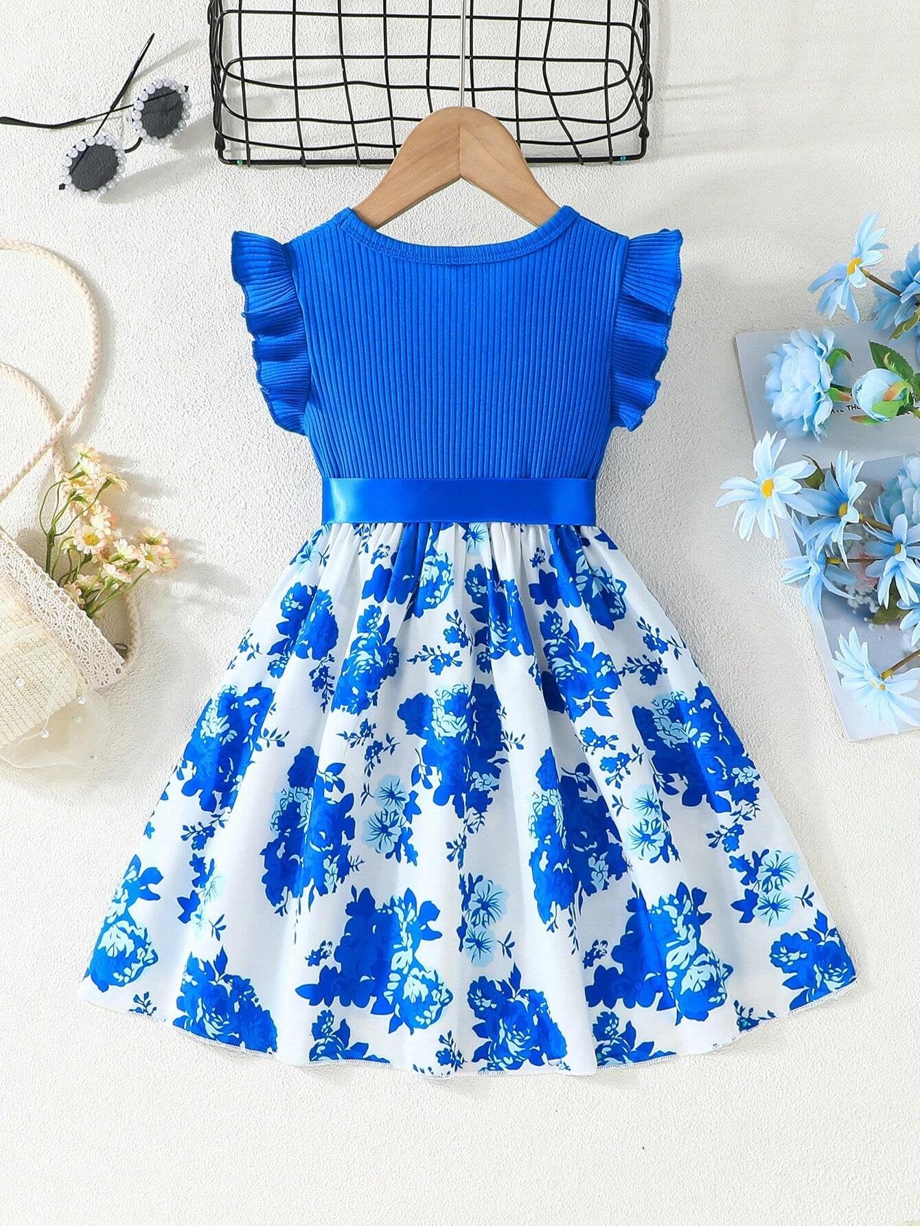 Vestido Azul Floral Con Volantes Para Niña