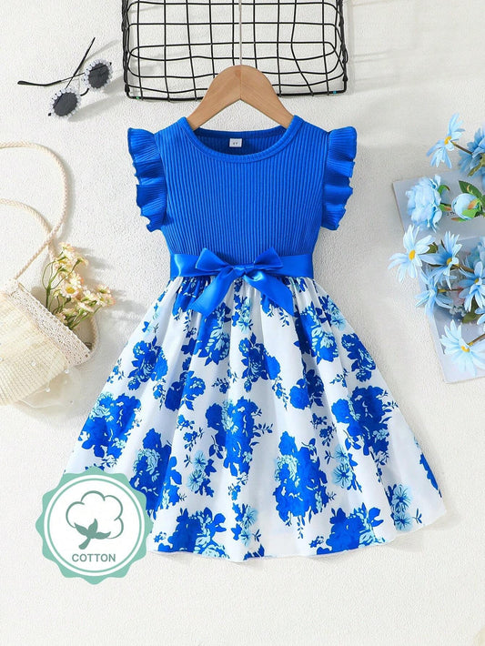 Vestido Azul Floral Con Volantes Para Niña