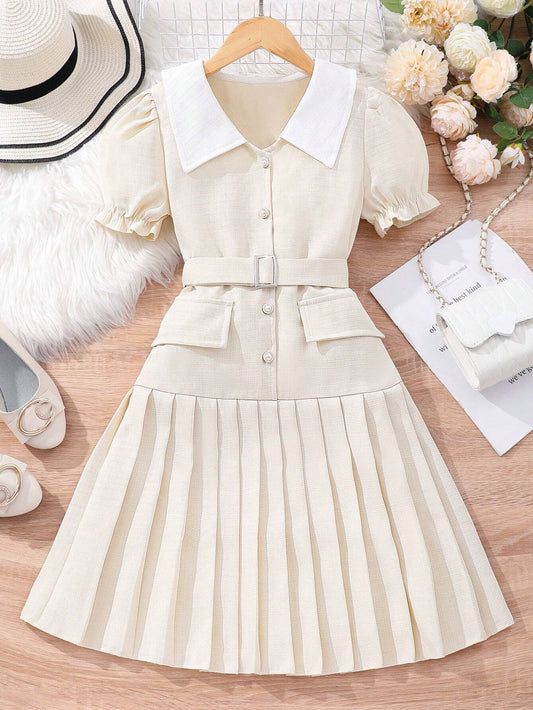 Vestido Camisero Albaricoque Plisado Para Niña