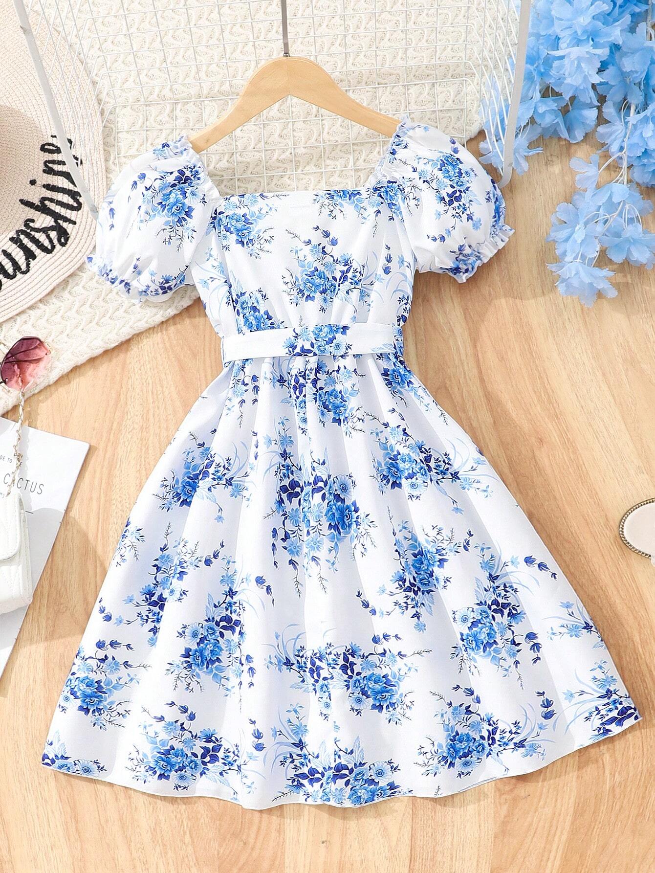 Vestido Blanco Estampado Floral Azul Para Niña