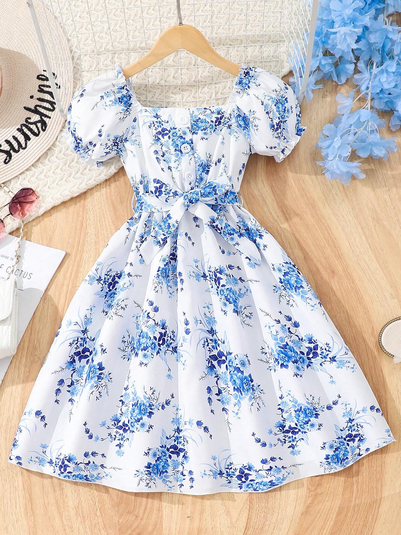Vestido Blanco Estampado Floral Azul Para Niña