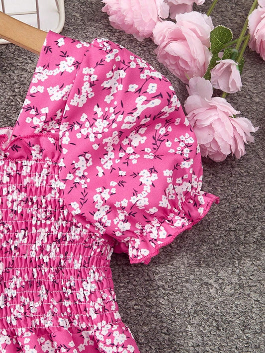 Vestido Floral Rosa Fucsia Para Niña Con Manga Farol Y Volantes Dulces
