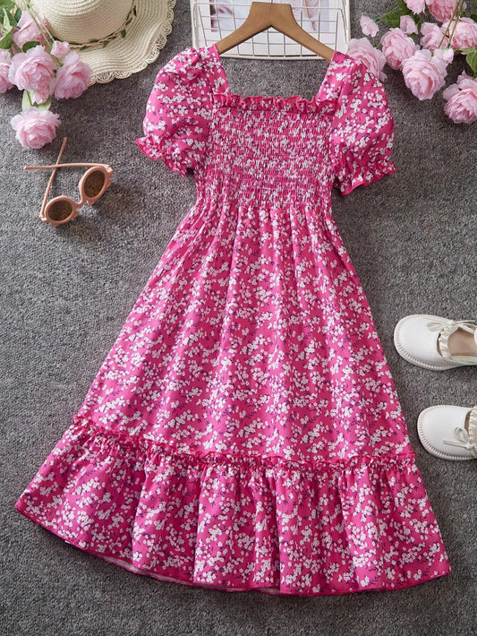 Vestido Floral Rosa Fucsia Para Niña Con Manga Farol Y Volantes Dulces