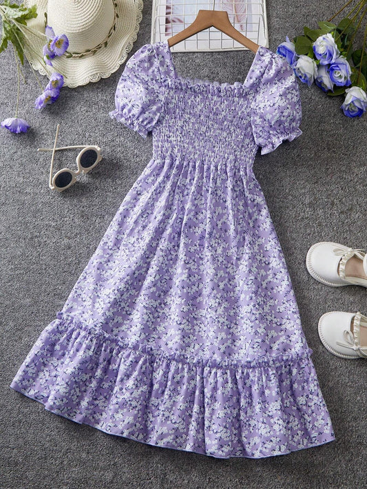 Vestido Floral Morado Para Niña Con Volantes Y Manga Farol
