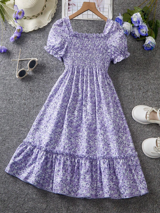 Vestido Floral Morado Para Niña Con Volantes Y Manga Farol