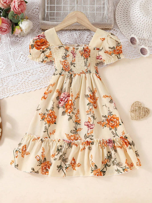 Vestido Bohemio Floral Albaricoque Para Niña