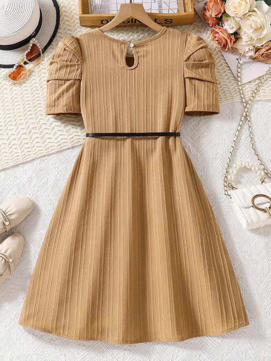 Vestido Caqui Liso Con Manga Farol Para Niña