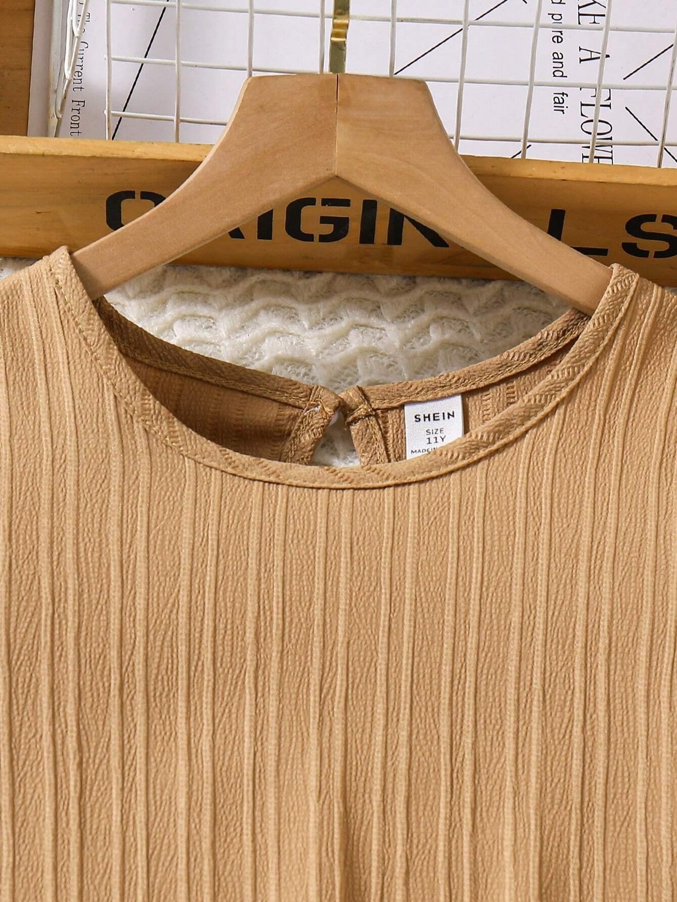 Vestido Caqui Liso Con Manga Farol Para Niña