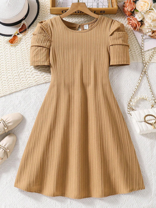 Vestido Caqui Liso Con Manga Farol Para Niña