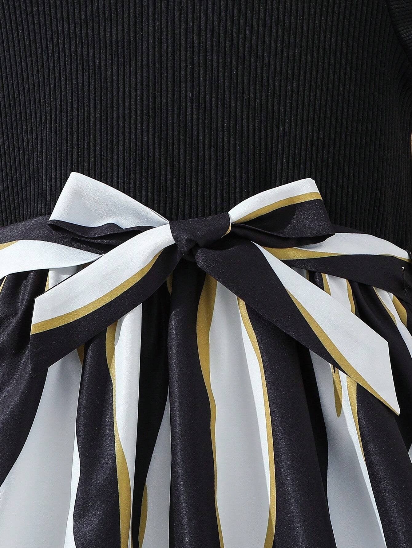 Vestido Negro Con Estampado Cebra Para Niña Con Cinturón