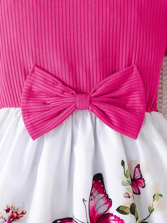 Vestido Rosa Fucsia Con Mariposas Y Lazo Para Niña