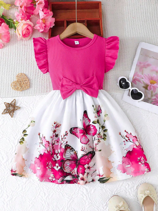 Vestido Rosa Fucsia Con Mariposas Y Lazo Para Niña