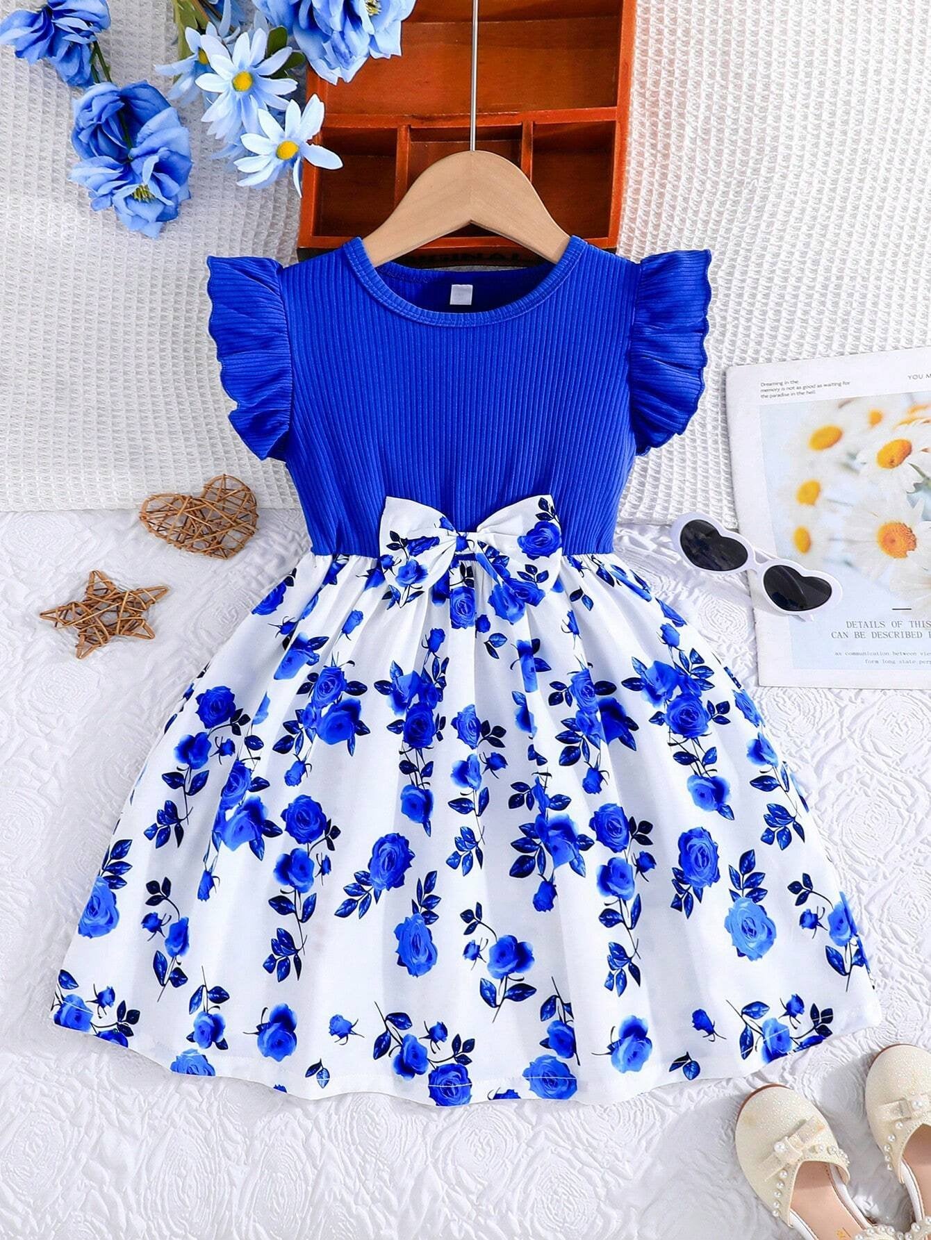 Vestido Azul Con Flores Y Lazo Para Niña