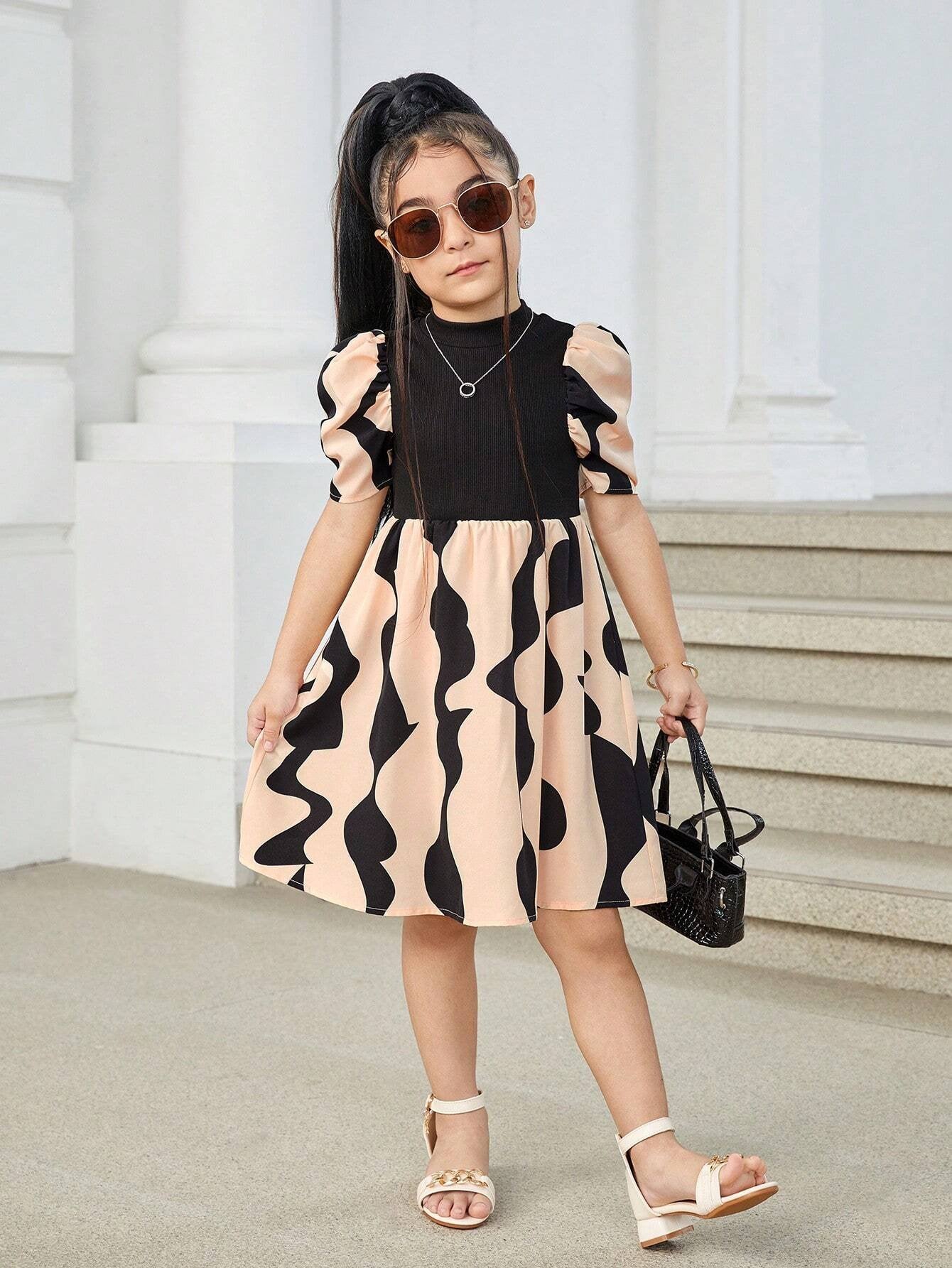 Vestido Negro Con Estampado Gráfico Para Niña Con Manga Farol