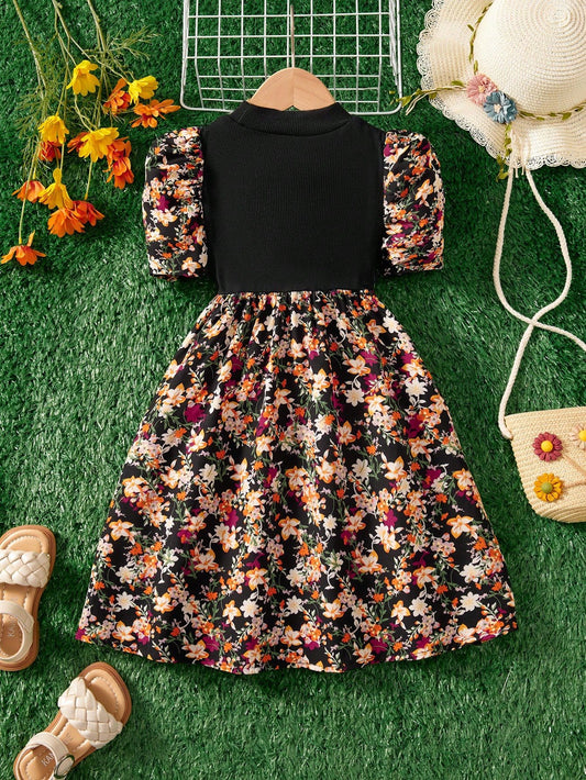 Vestido Floral Rojo Elegante Para Niña Con Mangas Farol