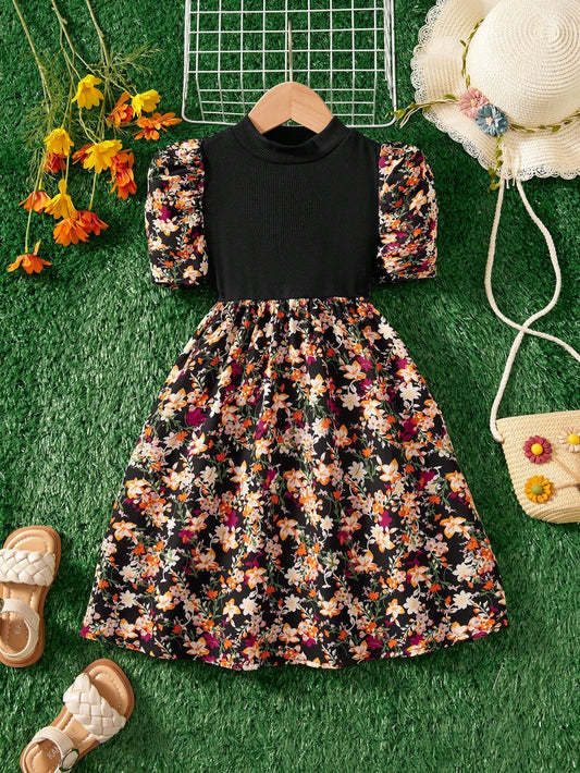 Vestido Floral Rojo Elegante Para Niña Con Mangas Farol