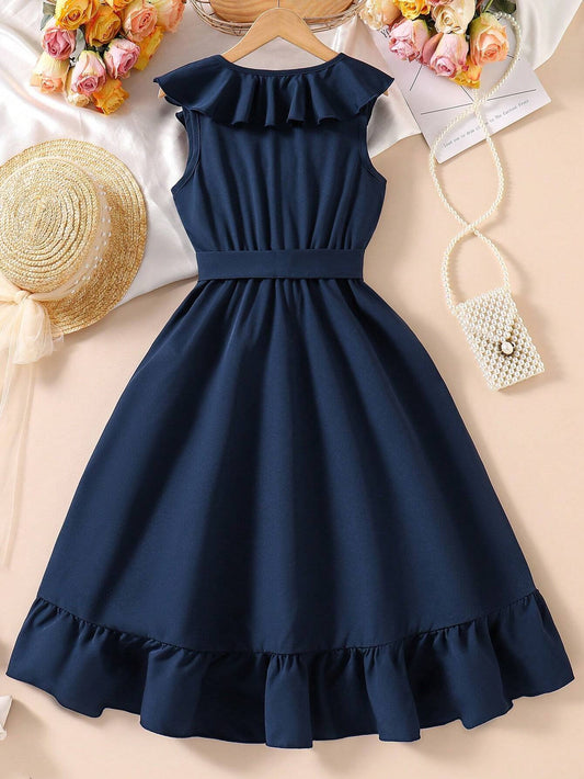 Vestido Azul Real Envolvente Con Volantes Para Niña