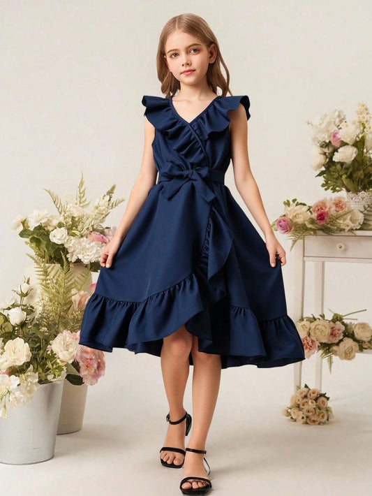 Vestido Azul Real Envolvente Con Volantes Para Niña