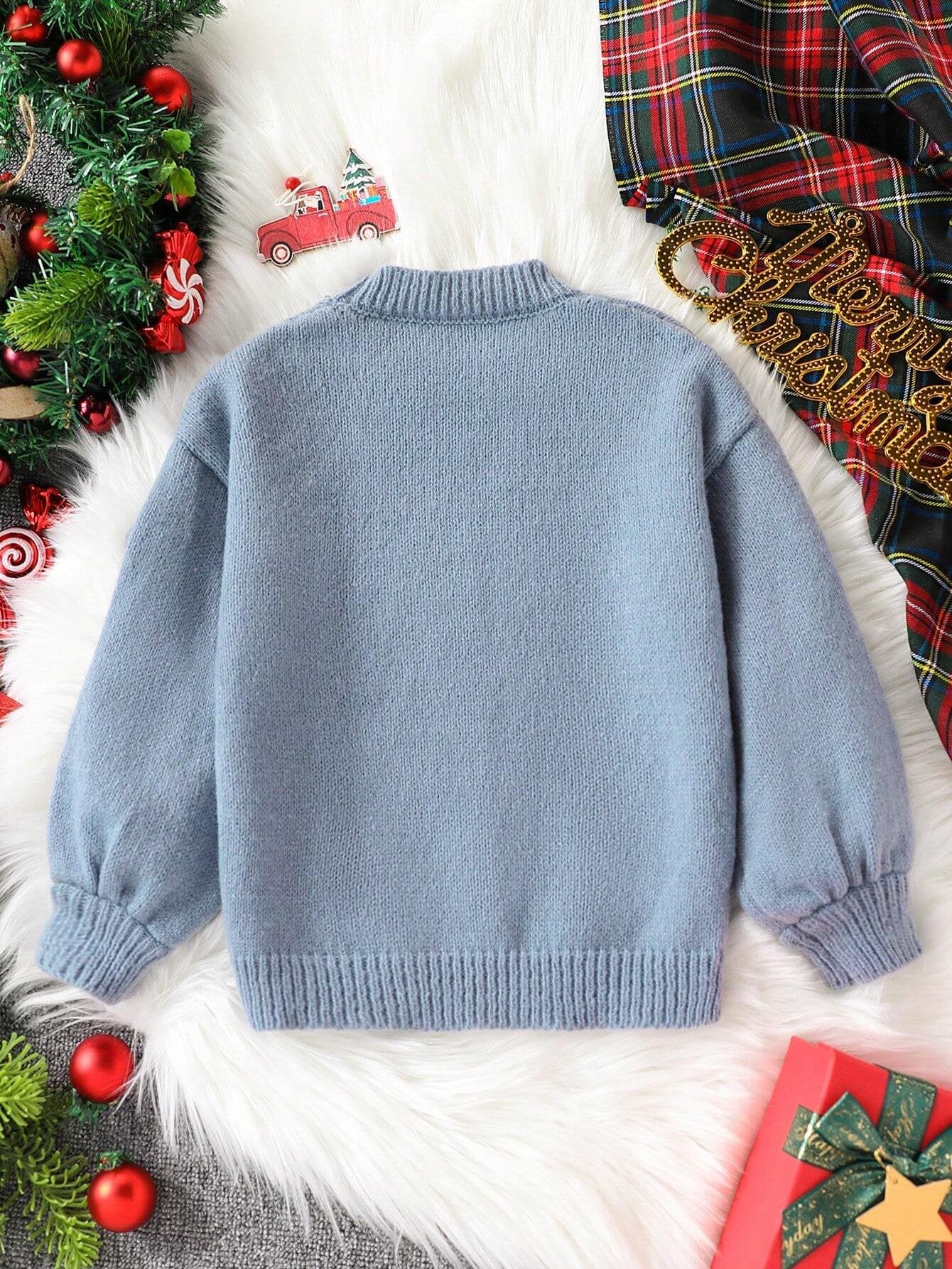 Suéter Azul De Invierno Con Pompones Para Niña