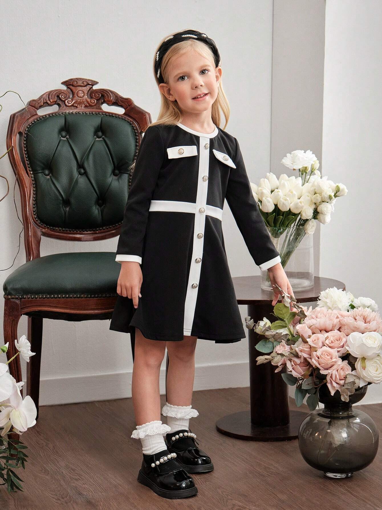 Vestido Negro Elegante De Niña Con Botones