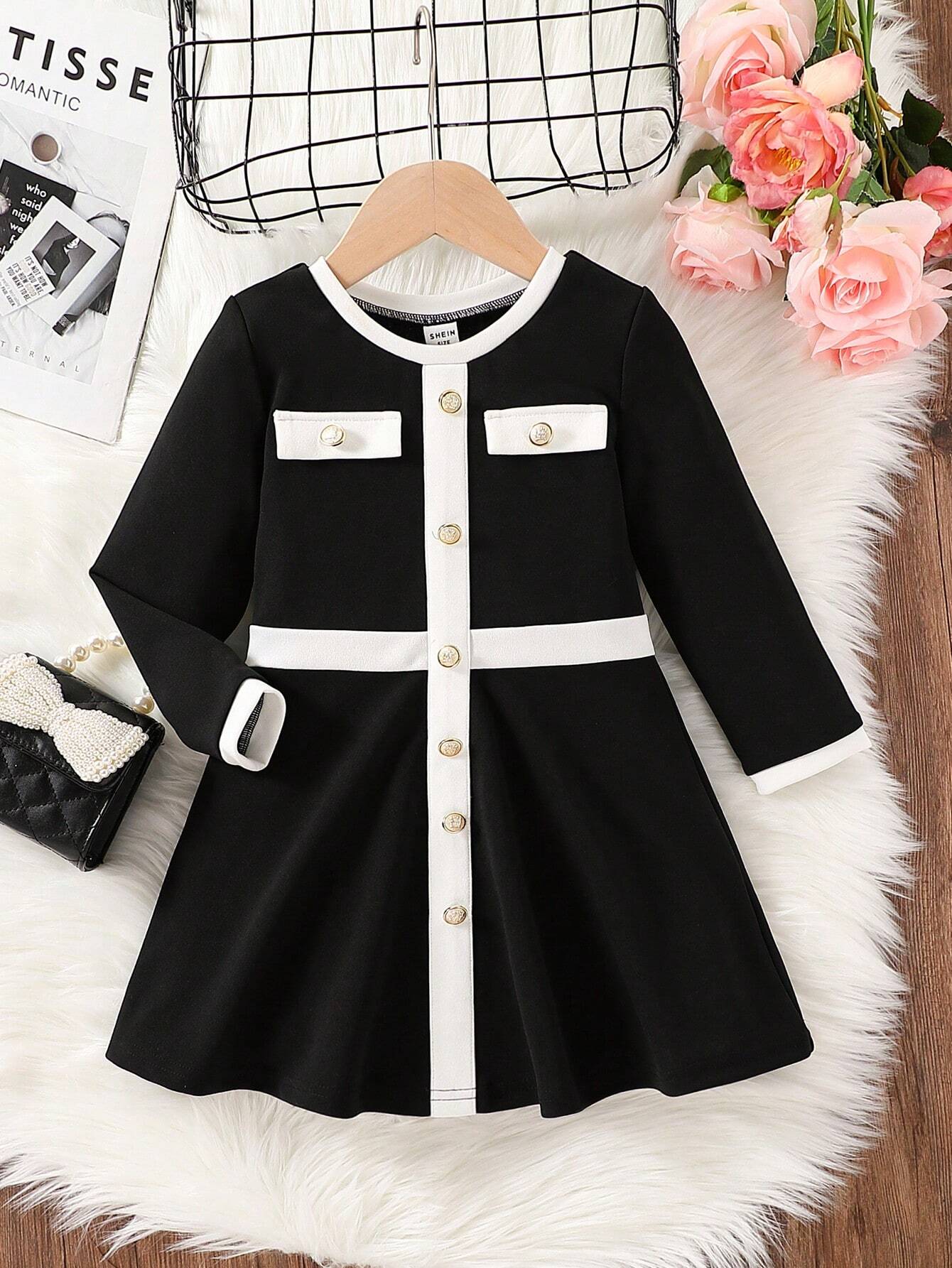 Vestido Negro Elegante De Niña Con Botones