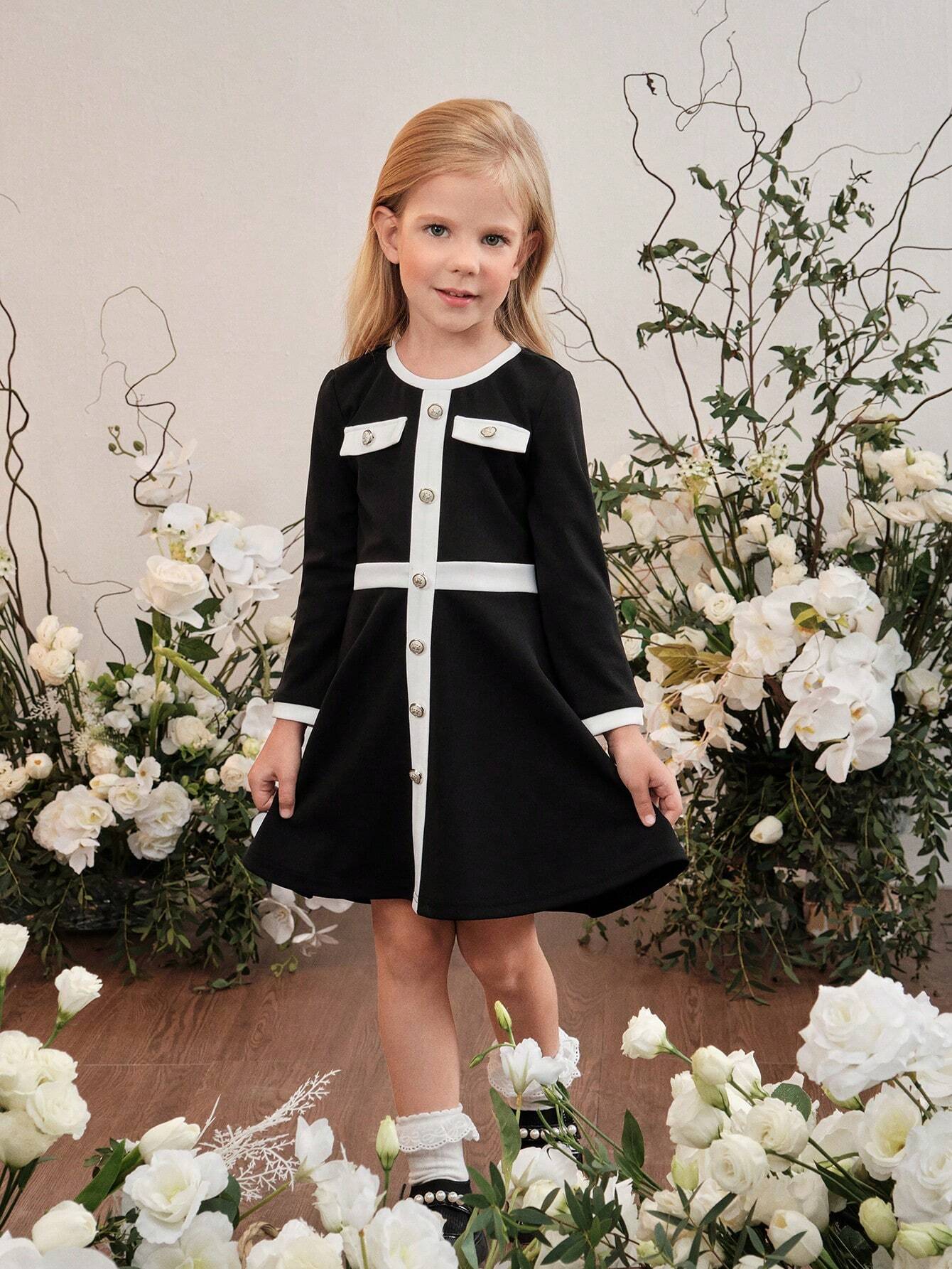 Vestido Negro Elegante De Niña Con Botones