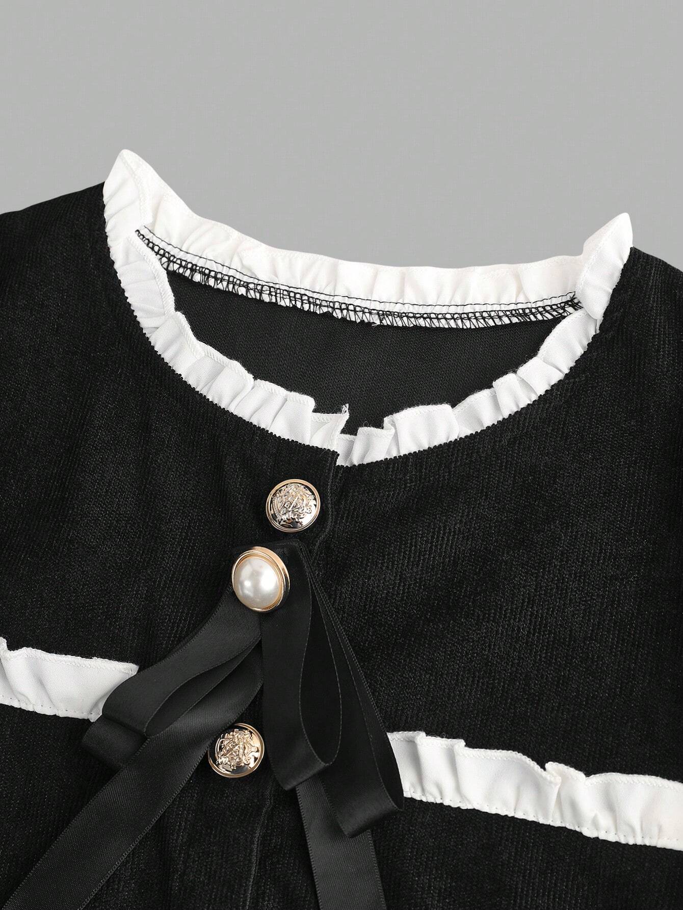 Vestido Negro Con Lazo Y Botones Decorativos Para Niña