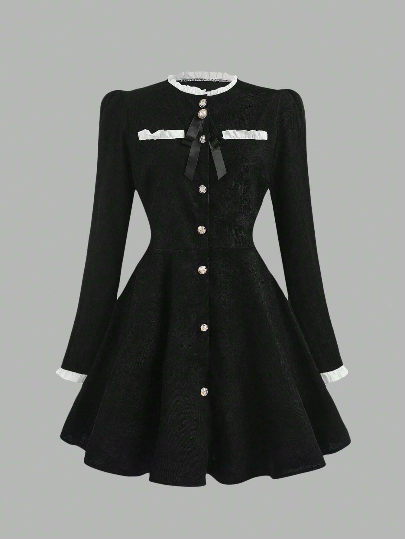 Vestido Negro Con Lazo Y Botones Decorativos Para Niña