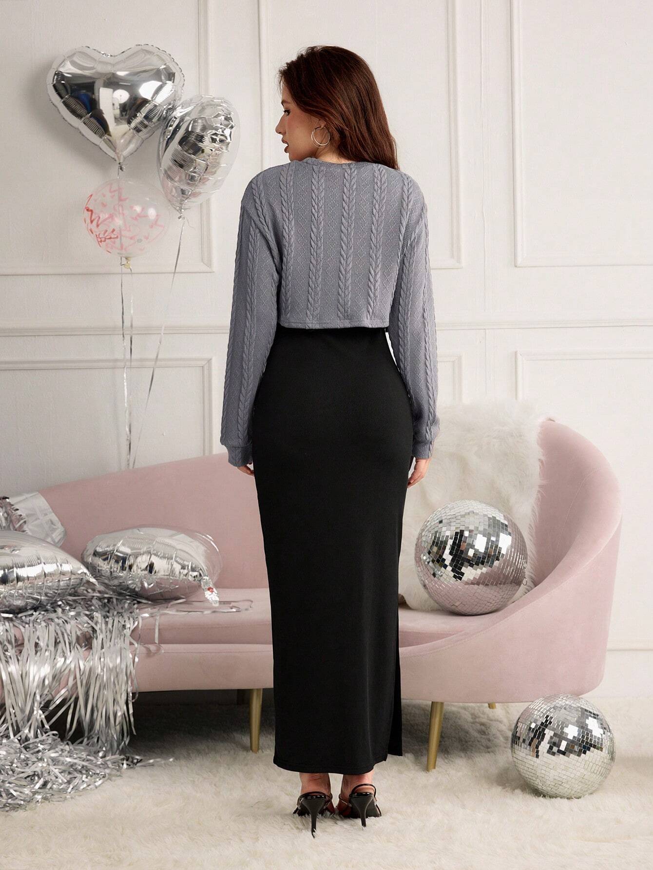 Set De Vestido Largo Negro Con Suéter Gris