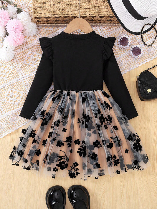 Vestido Negro Con Falda De Tul Bordado Para Niña